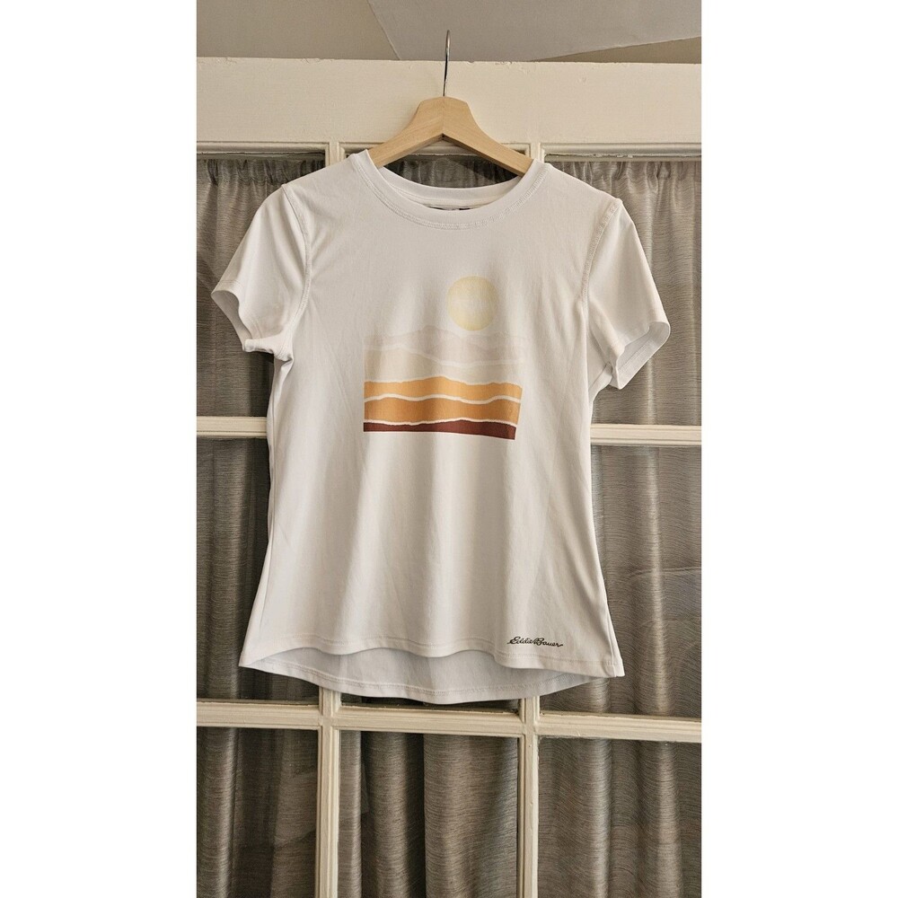 Eddie Bauer Womens Small White Graphic T Shirt Mountain Sunset Graphic Top S